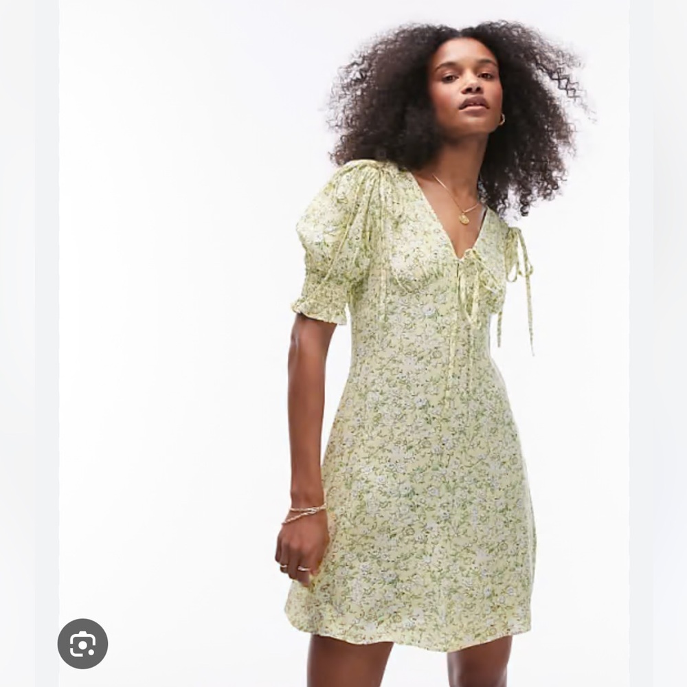 TOPSHOP mini dress with tie detail in yellow ditsy floral